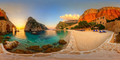 A picturesque Mediterranean coastline at golden hour, with flawless sandy beaches caressed by crystal waters, a coastal village nestled under fiery tangerine skies amidst majestic cliffs, embodying a flawless masterpiece in stunning ultra-high resolution.