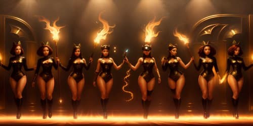 five evil female angels wearing black leotards with red trim_they have golden wings_the women have gold halos over their heads_one woman has dreadlocks_two of the women are  african american_they are flying_one woman is carrying a flaming green hammer.