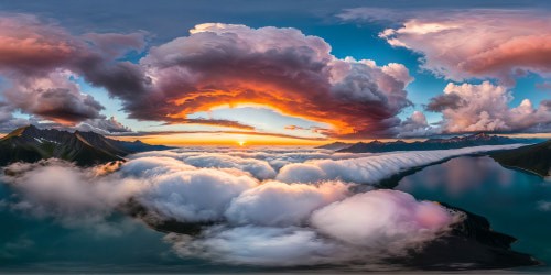 A magnificent landscape unfolds with a breathtaking masterpiece of vibrant colors under an ultra high-resolution orange sky, casting a surreal glow over a serene, mirror-like lake reflecting the ethereal scene.