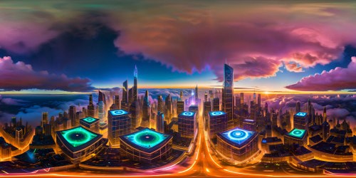 Dueling atop a holographic platform amidst a sprawling futuristic metropolis, animated monster cards battling under neon lights, ultra high resolution holographic projections, vividly detailed cityscape, gleaming iridescent structures, shimmering holographic monsters, glowing duel disks, impeccable artistic rendition, truly a masterpiece.