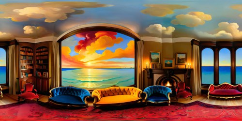 Luxury den, grand fireplace, plush velvet seats, rich mahogany, vintage books, stained glass lamp, VR360 cozy ambiance. Impressionist style, abstract cloud formations, VR360 sunset panorama through bay window, dusky sky streaked with vibrant colors, romantic shadows.