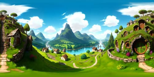 Pixar-style hobbit hole, nestled, verdant Scottish field, quaint hilly landscape. Ultra-high resolution, VR360 view, vibrant colors, rustic charm. Blended natural elements, idyllic countryside. VR360 scene, masterfully balanced, captivating, immersive experience.