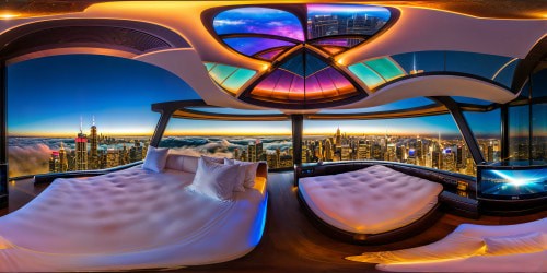 A flawlessly detailed penthouse bedroom at the peak of a skyscraper, with a jaw-dropping view of a cyberpunk cityscape bustling with hovercars, neon lights dancing off sleek glass buildings, and holographic advertisements casting an iridescent glow over the ultra-high resolution panorama - a masterpiece captured in stunning ultra high res.