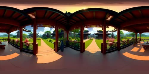 VR360 exquisite Asian-inspired architecture, sweeping pagoda rooftops, intricate woodwork, lush Zen gardens. Noteworthy ultra-high-res masterpiece, VR360 view. Combining Pixar-style detailing and anime-inspired vibrancy.