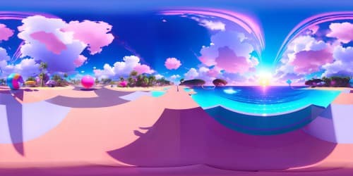 Ultra-high resolution VR360 view, vivid gradients of pink, cyan, purple, neon aesthetics, digital palm trees, floating 3D glitch art, vaporwave ambiance, sunsets in pixelated horizon, grid-patterned landscape, VR360 visual masterpiece, aesthetic style, vaporwave-infused atmosphere.