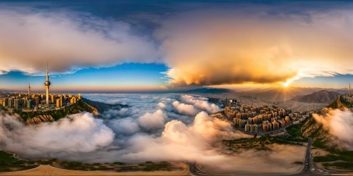 An immaculate, flawless view of Tehran's expansive cityscape at golden hour, showcasing glowing skyscrapers, bustling streets, intricate architecture, and the Alborz mountains in the hazy distance.
