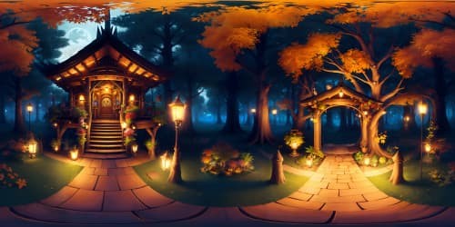 enchanted forest with treehouses, colorful flowers and autumn leaves at night with stars and lanterns skyview