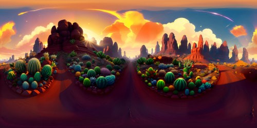 VR360: Colt from Brawl Stars theme, expansive Western Desert, Sunset sky, hued with orange and purple. Cacti silhouettes, glowing canyon walls, tumbleweeds. Style: High-resolution digital painting, sharp edges, vivid colors. Perfect for VR360 masterpiece immersion.