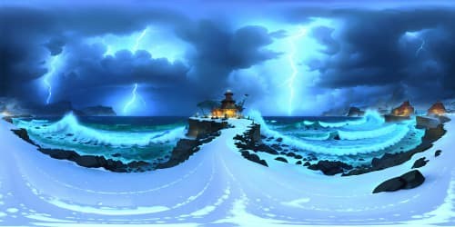 endless frozen blizzard ocean at night with thunder and lightning storm and large crashing waves