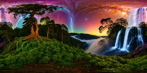 An enchanting witches' realm with cascading waterfalls of shimmering iridescence, luminous flora glowing in the moonlit night, swirling mist clinging to towering, ancient trees, and a sky ablaze with constellations in ultra-high resolution, a breathtaking masterwork.