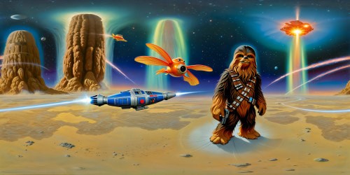 A monumental intergalactic scene depicts Chewbacca majestically riding a nuclear goldfish alongside R2D2 through the cosmos, cosmic dust trails, swirling galaxies, and celestial auroras in breathtaking ultra-high resolution detail.