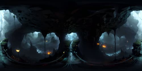 Masterpiece quality, ultra-high resolution. VR360 view inside a cave amid storm disaster world. Swirling tornado in the distance, storm-wrecked landscape engulfed in gray. Dramatic, high-contrast, claustrophobic cave entrance. Atmospheric lighting effects, torrential rain cascading down. VR360 perspective of staggering cave depths, sprawling stalactites, stalagmites. Stylistic approach: realist art, chiaroscuro