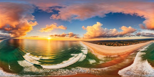 A flawless, high-resolution seascape featuring a stunning sunset over a pristine beach, where gentle waves caress golden sands under a vibrant sky ablaze with hues of pink, peach, and tangerine, with seagulls soaring in the warm evening light.