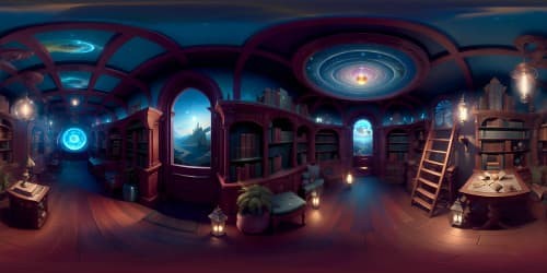 "Ultra high res, Hermione-inspired enchanting library, ancient tomes scattered, magical scrolls, glowing orb lights. Book-laden shelves, tall ladders, suspended celestial globes, VR360 sky vista, stained-glass atrium ceiling. Style: Detailed Pixar, VR360 masterpiece."