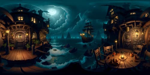 Masterpiece quality, ultra-high-resolution VR360, Sea of Thieves-inspired, tavern scene, nautical artifacts scattered. Aged wood, flickering lantern light, rum-filled barrels, treasure chests. Imagined in vivid, painterly strokes.