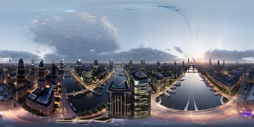 VR360 view of London, River Thames sparkling silver, iconic Tower Bridge majestically shadowed, intriguing mix of historical and modern architecture. Victorian-era buildings contrasted with the sleek Shard. Ultra-high-res setting, Pixar-style grandeur, meticulous detailing. Immersive VR360 London skyline at dusk, masterpiece