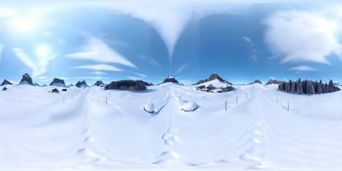 Masterpiece, VR360 film, Pixar-style animation, ultra-high res. Augmented alpine view, pristine snow blankets, encircling bamboo clusters. VR360 polar spectacle, exquisite detailing of peaks, suggestions of green punctuating dominant white, reminiscent of panda's realm.