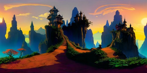 Ultra-high-res, Pixar-style VR360 magic. Witch's realm, mountainside panorama, endless plains. Enchanted city, mystical towns, witchy elements infusing every pixel. A masterpiece in VR360, bleeding magic and mystery into vibrant colors, soft shadows, crisp lines. Spellbinding, utterly immersive, intriguingly magical.