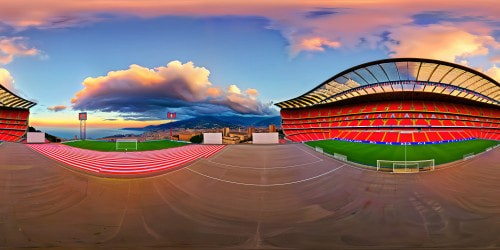 Majestic Genoa Calcio stadium at sunset, gleaming under ornate Italian architecture, pristine pitch, bustling cityscape backdrop, vibrant team colors, detailed flags waving in the warm evening breeze, impeccable 16K resolution showcasing every exquisite detail.