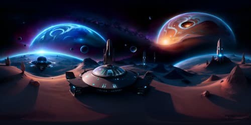 Ultra high-res VR360 star system, planets resembling Star Trek, Milky Way masterpiece, infinite galactic canvas, stunning celestial bodies, nebulae blending cosmic color spectrums, Starship silhouette in foreground, VR360 scene in Star Trek style.