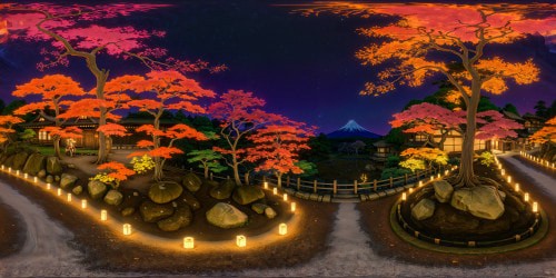 Expansively panoramic Edo period Kyoto Japenese garden at night, in Autumn. With cozy warm toned and glowy. Emaculately detailed landscaping. Deep warm toned color palette, with deep reds, magentas, browns, and deep orange-yellow tones. Warm feverish aesthetic.