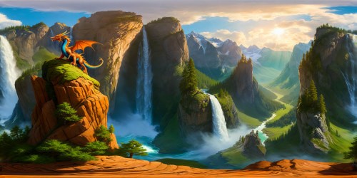 Perched majestically on a rugged cliff's edge, a resplendent sapphire dragon basks in the sunlight, surveying a breathtaking vista of towering mountain peaks, cascading waterfalls, and lush pine forests below, the scene captured in flawless ultra-high resolution.