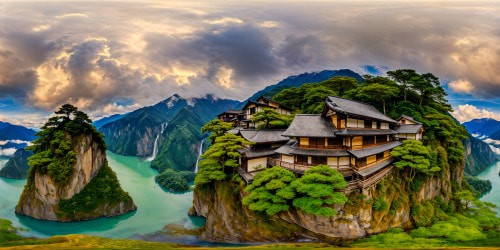 A serene Japanese village nestled amidst lush mountains, reflecting in a tranquil lake, with cascading waterfalls and imposing cliffs, captured flawlessly in ultra-high resolution as a breathtaking masterpiece of tranquil beauty.