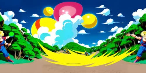 Dragon Ball Z-inspired, ultra high-res, Picasso-esque digital painting, beastly Evolution of Sangohan, glowing yellow aura, semi-transparent energy waves, VR360. Floating rubble, abstract masterful touch, grandeur, earth-blue sky backdrop, VR360. Blend of anime and abstract style.