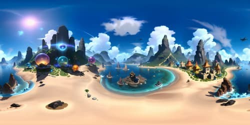 VR360 Pixar-style mastery, Epic Skylanders universe interpretation. Colossal islands, floating, gemstone clusters, iridescent, scattered across VR360. Ethereal clouds, multi-layered, interwoven with magical artifacts. High-res textures, ultra-defined, playful hues, dynamic lighting enhancements. VR360 vibrancy, captivating vastness, truly a masterpiece.