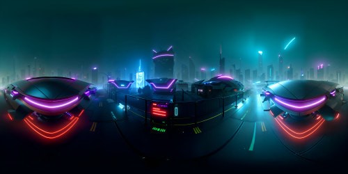 Ultra high-res VR360 marvel, neon-lit city panorama. Pulsating digital towers, VR360 holographic billboards in neon spectrum. Hovering monorails threading the skyline, drone highways delineated by AI. Power veins glowing with electrifying intensity. VR360 cyberpunk vision, techno-futuristic allure.