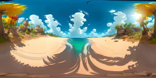 Masterpiece VR360, ultra-high resolution, scorched summer setting, expansive water terrain. Style keywords: hyperrealism, heat distortion, sun-drenched colors, shimmering water surface effects in VR360.