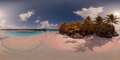 A pristine tropical paradise with flawless golden sands, shimmering crystal-clear waters, vibrant swaying palm trees, and dazzling sunlight creating mesmerizing reflections, a masterpiece of ultra-high resolution capturing every exquisite detail.