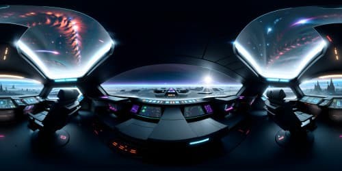 Ultra high res, VR360 interior, starship's bridge. Glowing instrument panels, navigational hologram at the center, windows showcasing galaxies. Sleek, futuristic style. Masterpiece aesthetic blending functionality, elegance. VR360 panoramic view, star-speckled void outside.