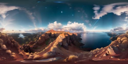 VR360 masterpiece panorama, ultra-high resolution. Golden hour cloud sea, starlight glimmers, celestial allure. Elevated perspective, tranquil lunar silhouette. Radiant serenity, mesmerizing dusk. Precise detail, exquisite VR360 artistry.