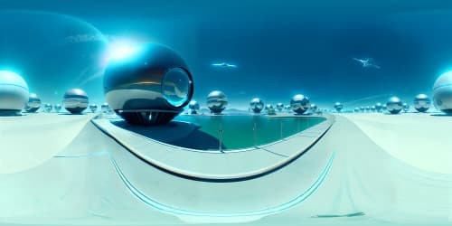 Ultra-high-resolution VR360, dual suns casting sheen on metallic walkway, VR360 of beach, exclude people. Multitude of sleek futuristic cars soaring, clear orbs containing shimmering cubes, floating in the vast expanse. Masterpiece style, metallic shininess, holographic elements.