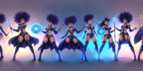 three black female sorceresses carrying blue staffs bursting with energy. one woman has dreadlocks.one is wearing thigh high boots.