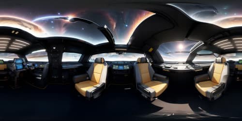 VR360 view: Monumental, ultra-high-res spacecraft in space, expansive bays opening to cosmos. Detail-rich control consoles, seats. Absence of crew, focus on spaceship structure. Style: Hyper-realistic, monumental, meticulous.