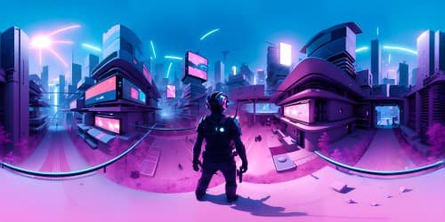 A cyberpunk world with  my wife and kids behind me