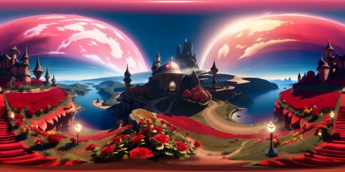 VR360 panorama: resplendent red roses, ruby hued tulips, luxurious velvet petals, colors popping in ultra high resolution. Masterpiece-like vibrant contrast, details intensifying VR360 immersion. Subtle use of Pixar-style layering, exquisite floral foreground, infinite sky view sublimely rendered.