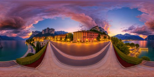 A flawless, ultra-high-res rendering of the picturesque Riva del Garda lakeside promenade, elegantly positioned on a luxurious hill, illuminated by the delicate twilight glow and a serene pastel sunset casting a purple horizon, offset by a distant oncoming autumn thunderstorm, showcasing the sun's distinct shimmer, all within a secluded private estate just outside the cityscape, delivering a stunning and flawless view.