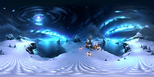 Ultra-high res VR360, pristine snow-covered seashore, cosmic universe backdrop. Masterpiece-grade, vibrant Milky Way streaking the sky, glistening Neptune, shooting stars. Incomparable VR360 artistry, frozen sea waves, surreal snowflakes, ethereal auroras. Fantasy style, space-meets-winter wonderland.