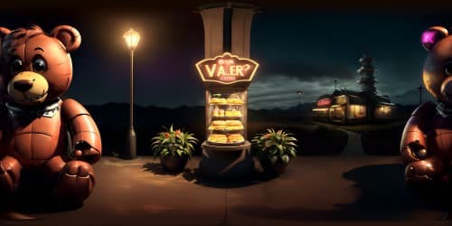 game five night at freddy's restaurant, with u.s. 90s fast food style creepy dark light. with a scary mechanical dark brown teddy bear