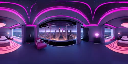 Masterpiece-level VR360 skyline, midnight's enchantment, ocean-edge view. Phantom red-light district, neon dazzle, peaceful water mirror. Ultimate high-res, fantasy-glow aesthetics adorning vast VR360 sky canvas.