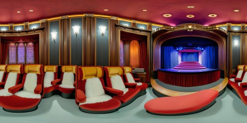 Ultra high-res VR360 view, Amsterdam's Tuschinski-inspired movie palace ambiance. Centrally seated perspective, all plush seats angled towards dominant silver screen. Intricate architectural details, opulent textures, luxurious aesthetic radiating in every corner. Masterpiece quality, VR360 immersion. Classy cinema charm, modern digital painting style fusion.
