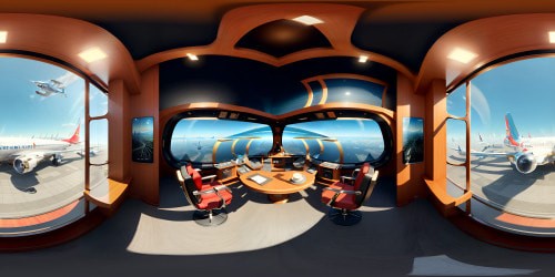 High-definition masterpiece, institutional elegance echoed in polished wood, adornment of aviation charts, expansive aircraft models. Massive windows unveiling VR360 runway view, landing airplanes. Pixar-style detail, hyper-realistic textures, unlimited depth, spacious expanse, spotlight on educative ambiance, VR360 spectacle. Harbin's Center Street, Vivid Chinese New Year