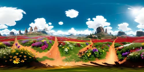 Ultra-high resolution, VR360 view of a serene outdoor masterpiece, blooming flower field, majestic mountains on the horizon, fluffy clouds lazily drifting by in a crystal clear sky. Artistic style, vibrant colors, Pixar-style detailing, enhancing the beauty of this VR360 scene.