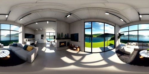 VR360 ultrahigh resolution, photorealistic, modern architectural concrete room, high vaulted arched ceiling. Large floor-to-ceiling window frames foggy morning seascape with ethereal small island peeking through. Single grey leather couch in center of room facing arched window. VR360 view: modernity blended with nature's mystery. Style: Masterpiece, best quality.