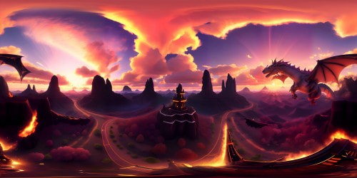 VR360 grand dragon silhouettes mid-flight, cloaked in rose-tinted clouds, VR360 horizon hosting majestic sunset, blended painterly hues, oranges and purples. Style: Baroque, ornate dragon scales, cloud textures, ultra-high res, masterpiece quality.