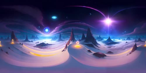 Best quality VR360, masterpiece-grade, ultra-high resolution, expansive star system view. Dominant gargantuan purple star, spectral light radiations beaming, nebular clouds swirling, mysterious galactic dust floating. Surreal fantasy art style predominant.