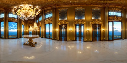 Immersive ultra-high-resolution depiction of a flawlessly detailed grand gallery, ornate gilded frames hung on damask walls under dazzling crystal chandeliers, soft daylight filtering through massive windows, immaculate marble floors reflecting ornate perfection.